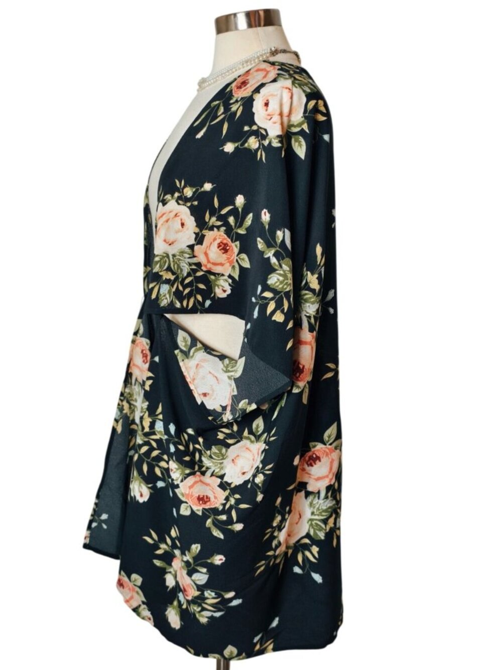 Amaryllis M Open-Front Kimono Cardigan Floral Oversized Navy Peach Floral Chic - Picture 2 of 5